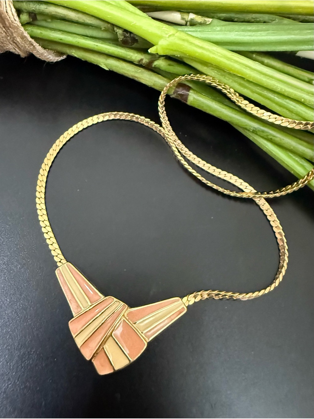 Vintage TRIFARI Geometric Peach Enamel Art Deco Fan Motif Gold-tone Necklace